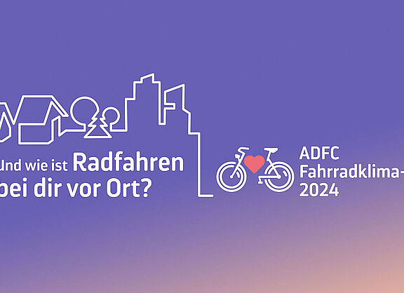 Das Bild zeigt das Logo des ADFC Fahrradklimatests, eine stilisierte Stadt mit Fahrrad
