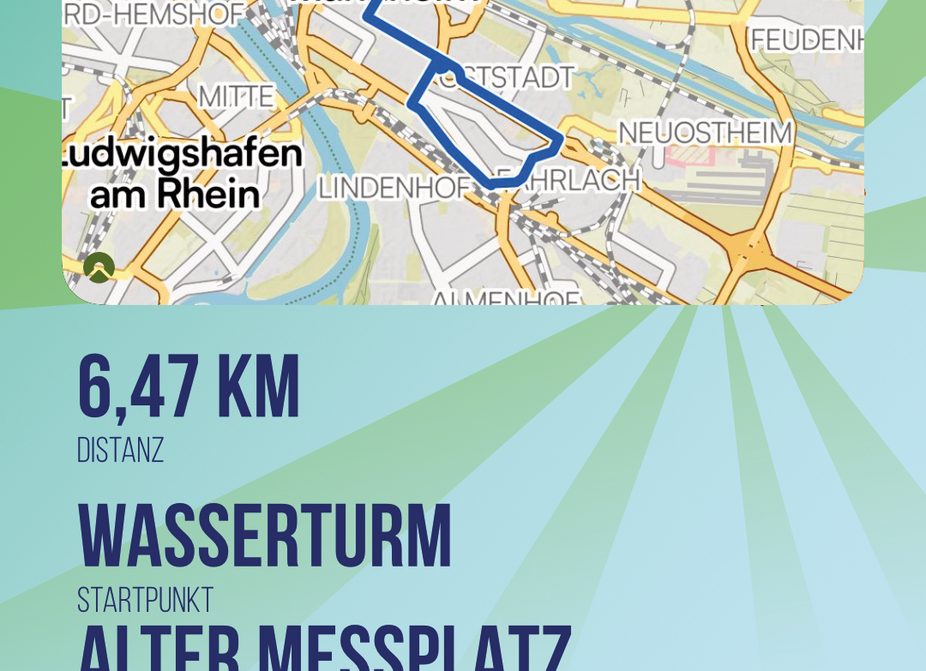 Monnem Fancy Women Ride 2026 – Route und Eckdaten. © Jasmin Blume. Kartenausschnitt der Mannheimer Innenstadt mit blau eingezeichneter Route, darunter die Eckdaten: 6,47 km Distanz, Startpunkt Wasserturm, Endpunkt Alter Messplatz, mitbringen: Fahrrad, Musik, Kostüm.