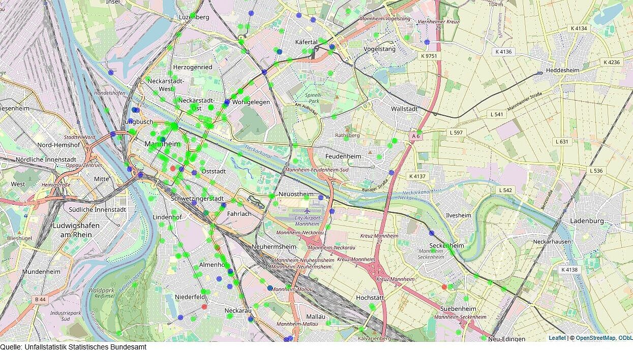 Das Bild zeigt einen Screenshot der Rad-Unfallkarte Mannheim 2023 des ADFC Mannheim