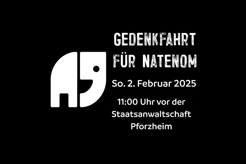 Gedenkfahrt Natenom 02.02.2025 Das Banner zeigt den Natenom-Elefanten A9 und ruft zur Fahrradgedenkfahrt am 02.02.2025 auf.