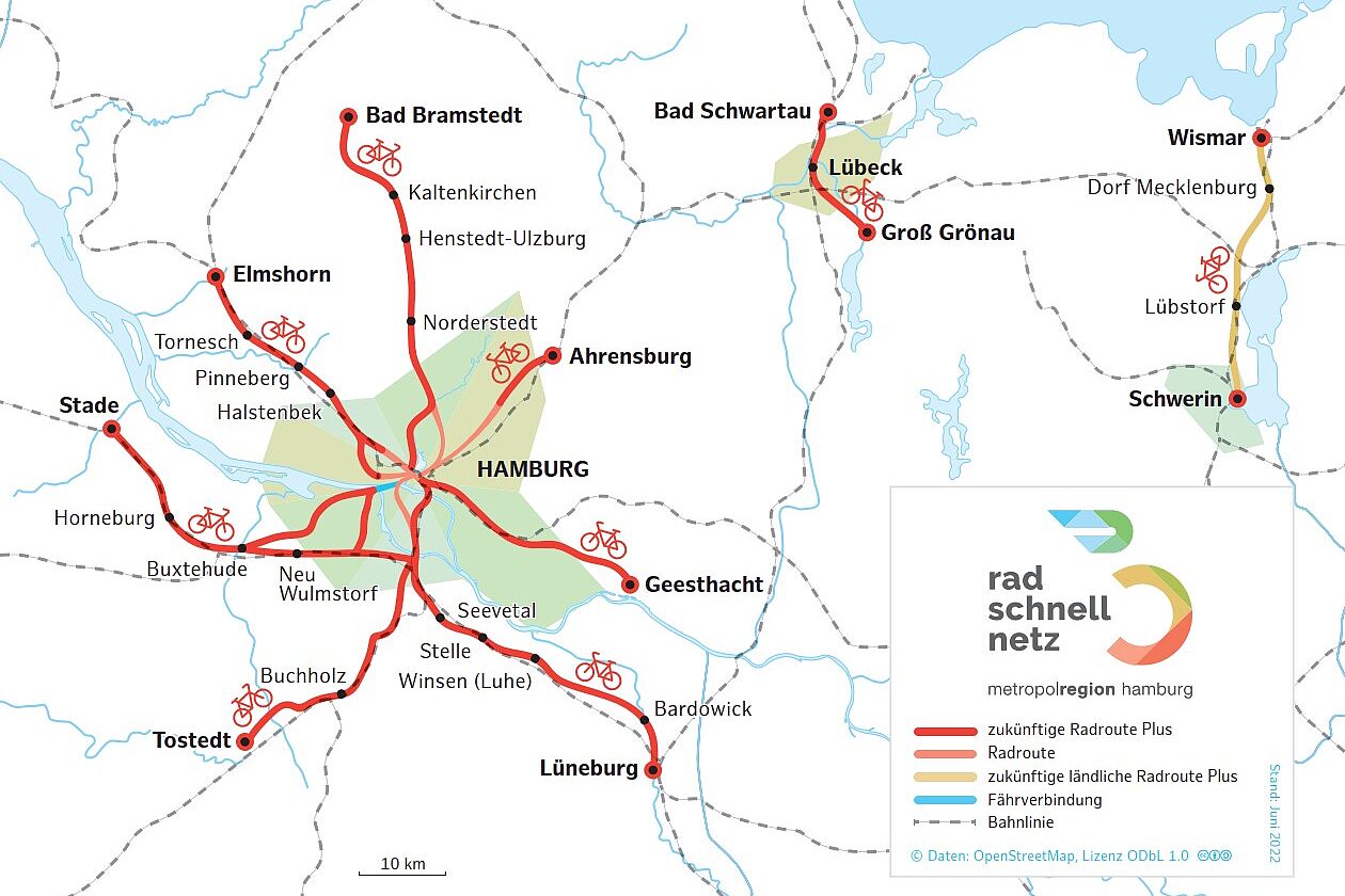 C1 Das Radschnellnetz der Metropolregion HH zeigt die verschiedenen Routenvorschläge für Radschnellwege aus dem Umland nach Hamburg hinein.