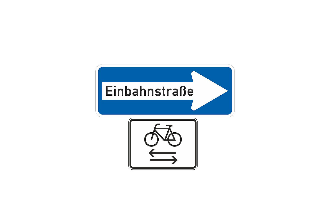 Verkehrsschilder Zeichen 220 – Einbahnstraße mit entsprechenden Zusatzzeichen für Radverkehr